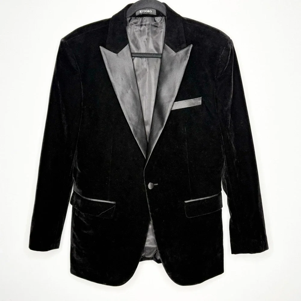 Kudoro Mens Black Velvet Tuxedo Jacket Satin Peak Lapel Formal Blazer Small